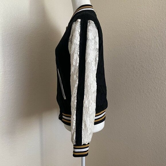Eye of the Needle Black & White Lace Overlay Full-Zip Bomber Jacket Size Small - Picture 4 of 9